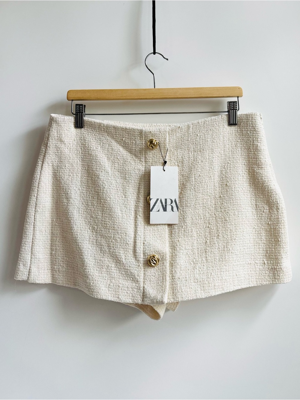 Zara Textured Tweed Skirt Short Cream Large